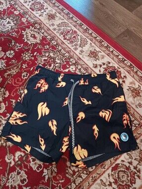 T&C Surf Designs Hawaii Black Flames Swim Trunks Shorts Sz L